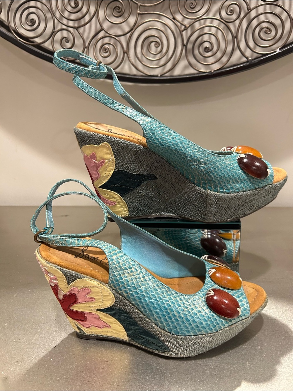 Sam Edelman Turquoise Embossed Wedge Sandals with Multicolor Accents